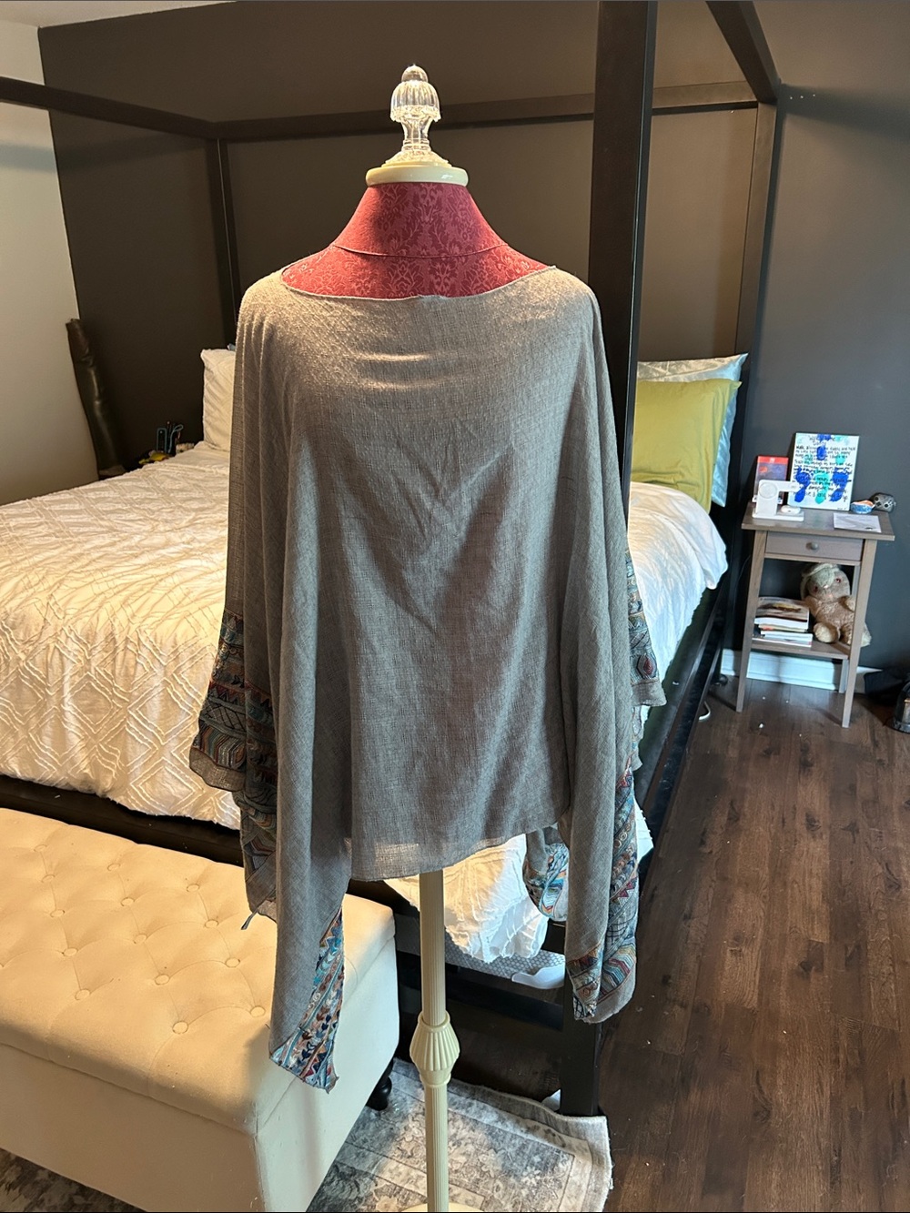 Light Gray Boho Shawl with Multicolor Embroidered Trim